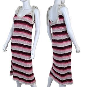 Zara Women Size L Strappy Pink Striped Crochet Knit Midi NEW Dress Party Resort